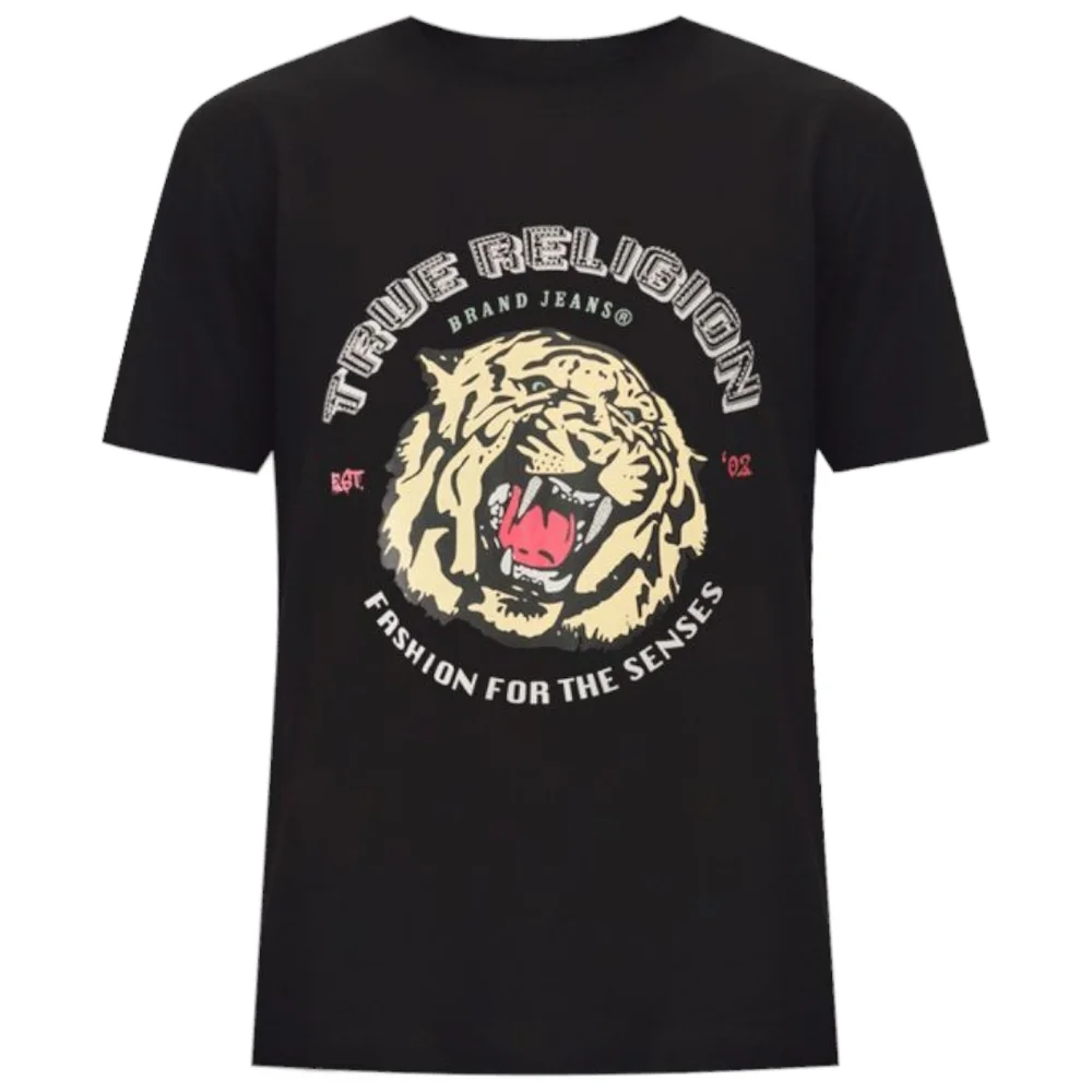 NEW True Religion Black Crew Neck Tee Shirt Tiger Bling Graphic Size M